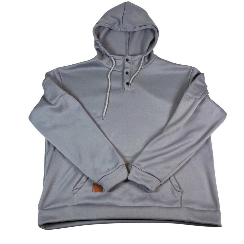 Mens Grey Henley Button Tech Fleece Hoodie Sleeve Zip Pocket Sweatshirt